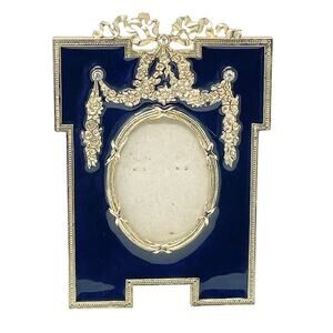 Vintage Terragraphics Navy Blue Gold Tone Enamel Photo Frame Bows Crystals MCM